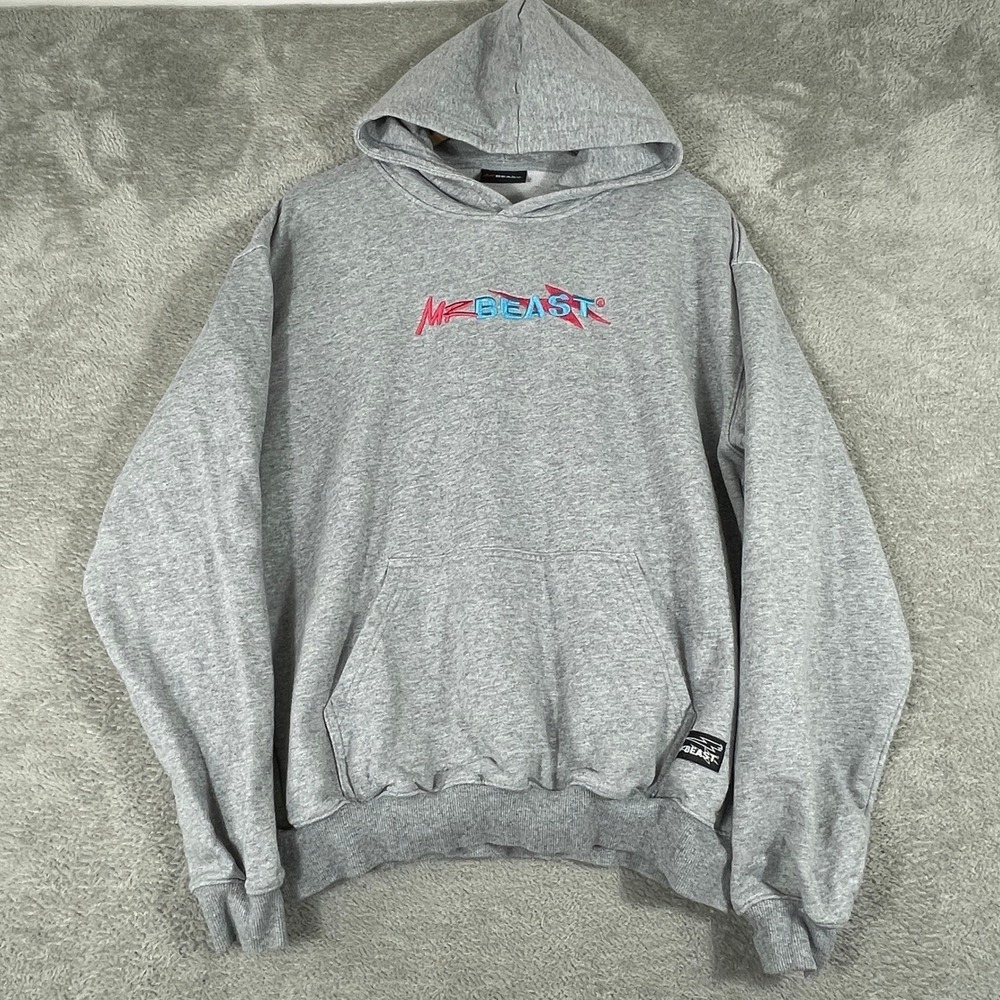 MrBeast Hoodie Mens Small‎ Gray Embroidered Logo YouTube Merch Sweatshirt